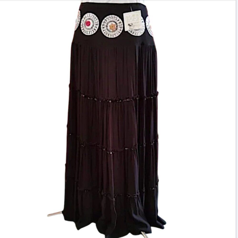 Haven Bleu Anthropologie Black Multi Layered Sequins Boho Maxi Skirt Size S NWT - Picture 2 of 8